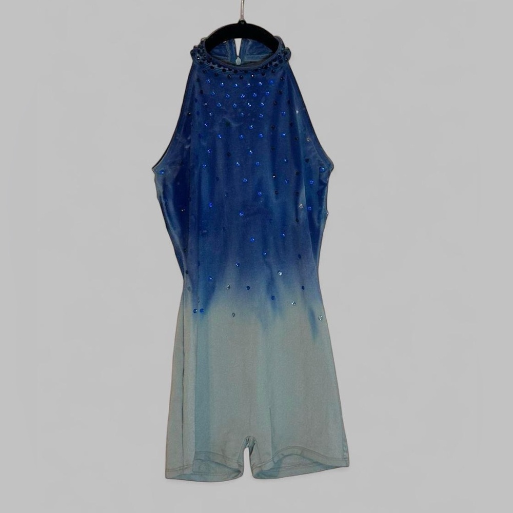 Blue Gray Ombré bodysuit unitard Rhinestoned XS
